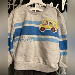 Ms. Rachel Gray and Blue Graphic Bus Sweatshirt and Jersey Short Set NWT 3T
